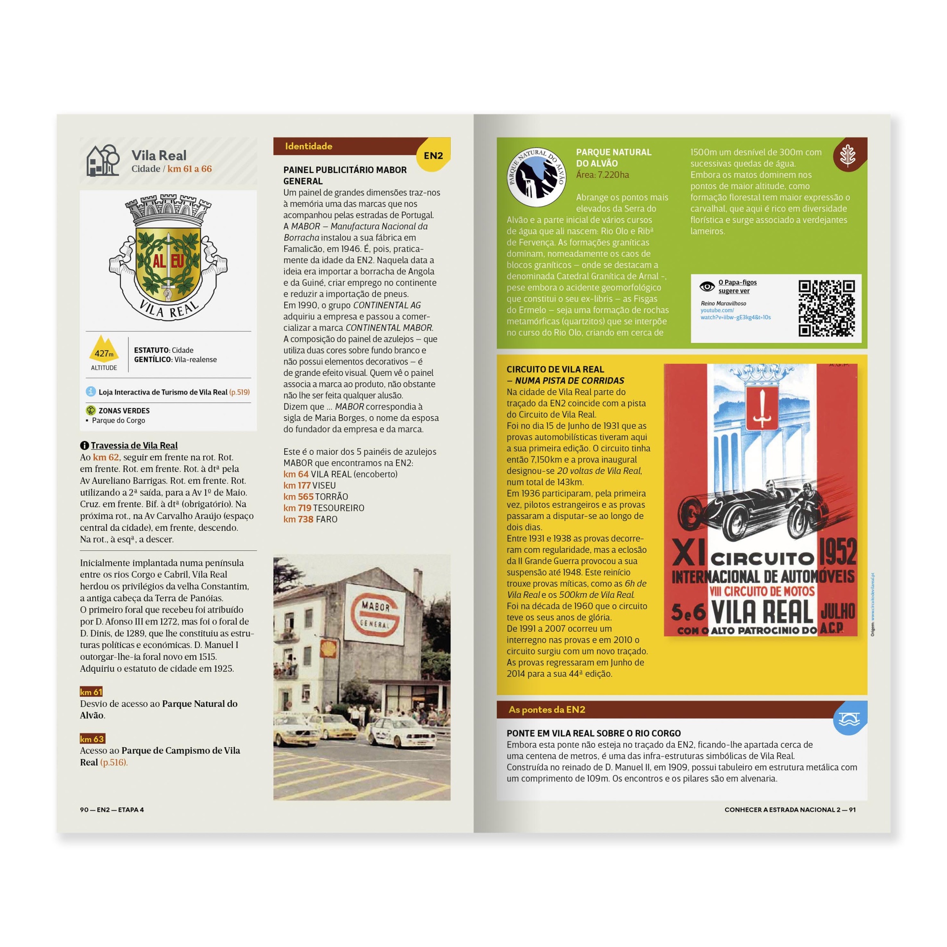 Portugal de Norte a Sul pela mítica Estrada Nacional 2 - 6ª edição Página de revista com texto sobre Vila Real, incluindo brasão, fotografia antiga, informações sobre parque natural e um poster vintage de corrida.