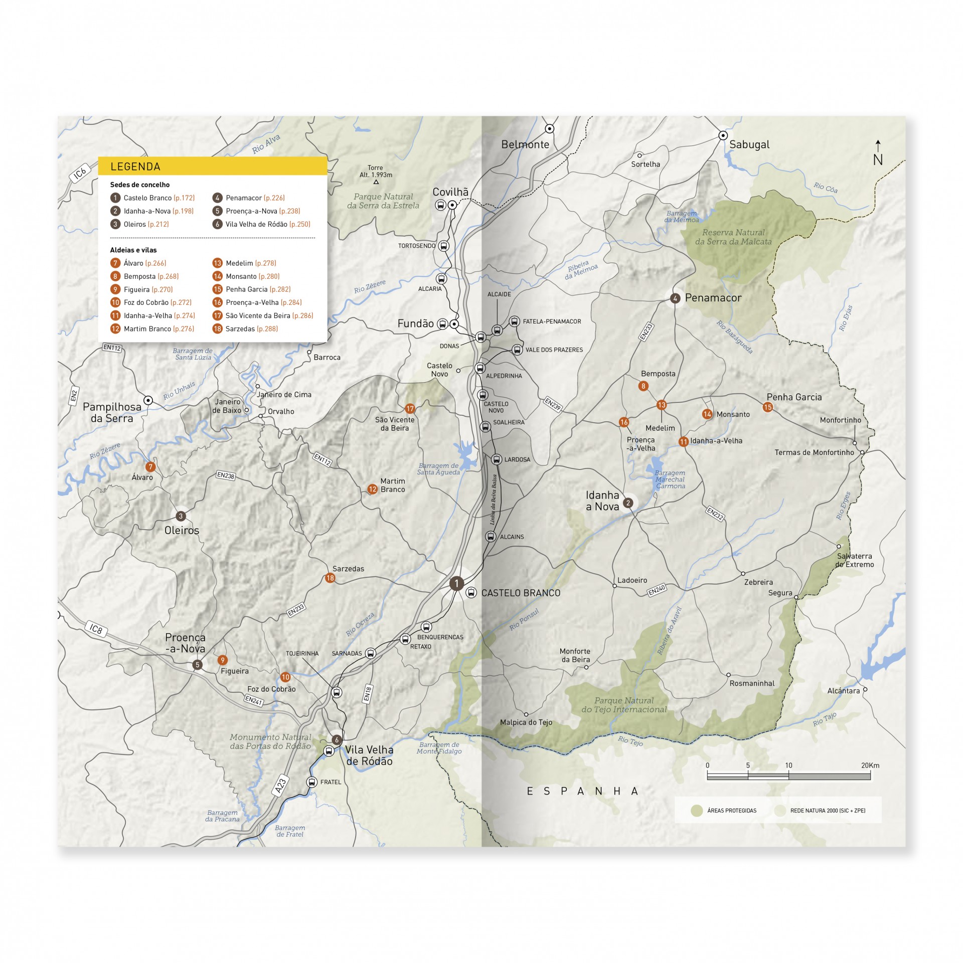 Beira Baixa - Terras de excelência Mapa colorido detalhado de região montanhosa com legendas e nomes geográficos.