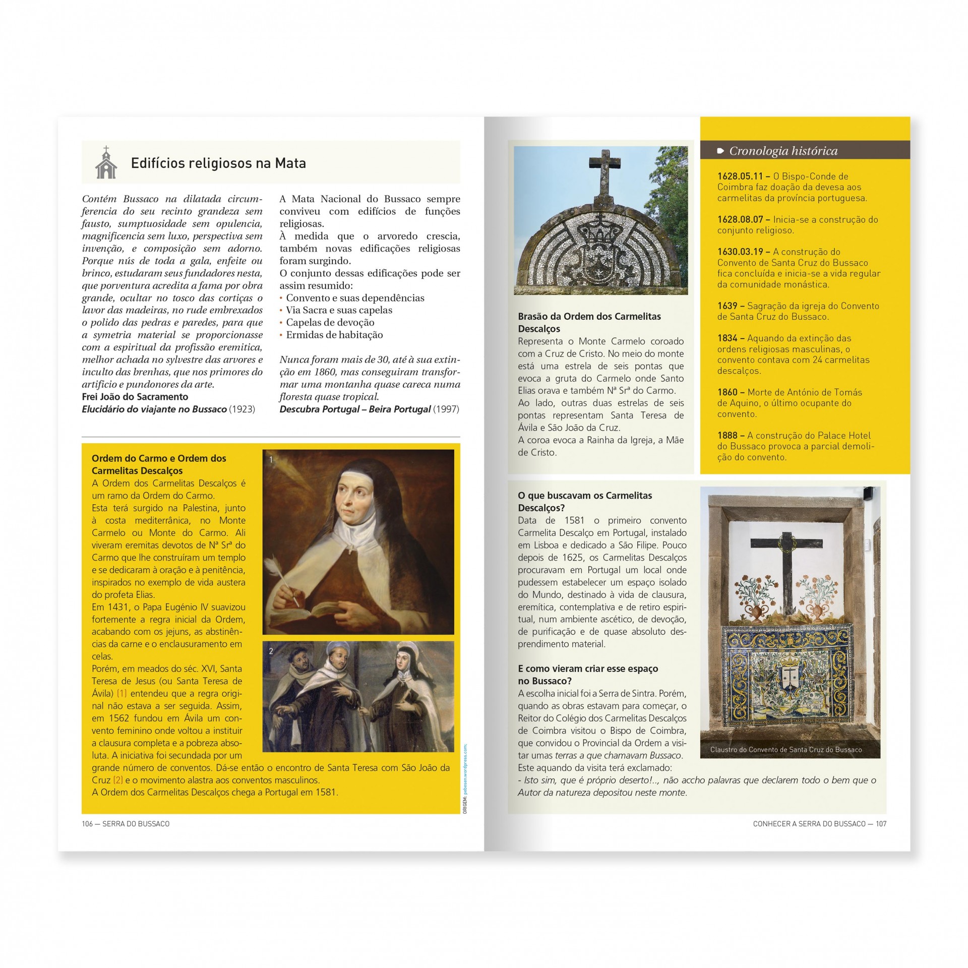 Serra do Bussaco - Mealhada, Mortágua e Penacova Página de livro com textos e imagens sobre edifícios religiosos, brasão e cruz em madeira e metal