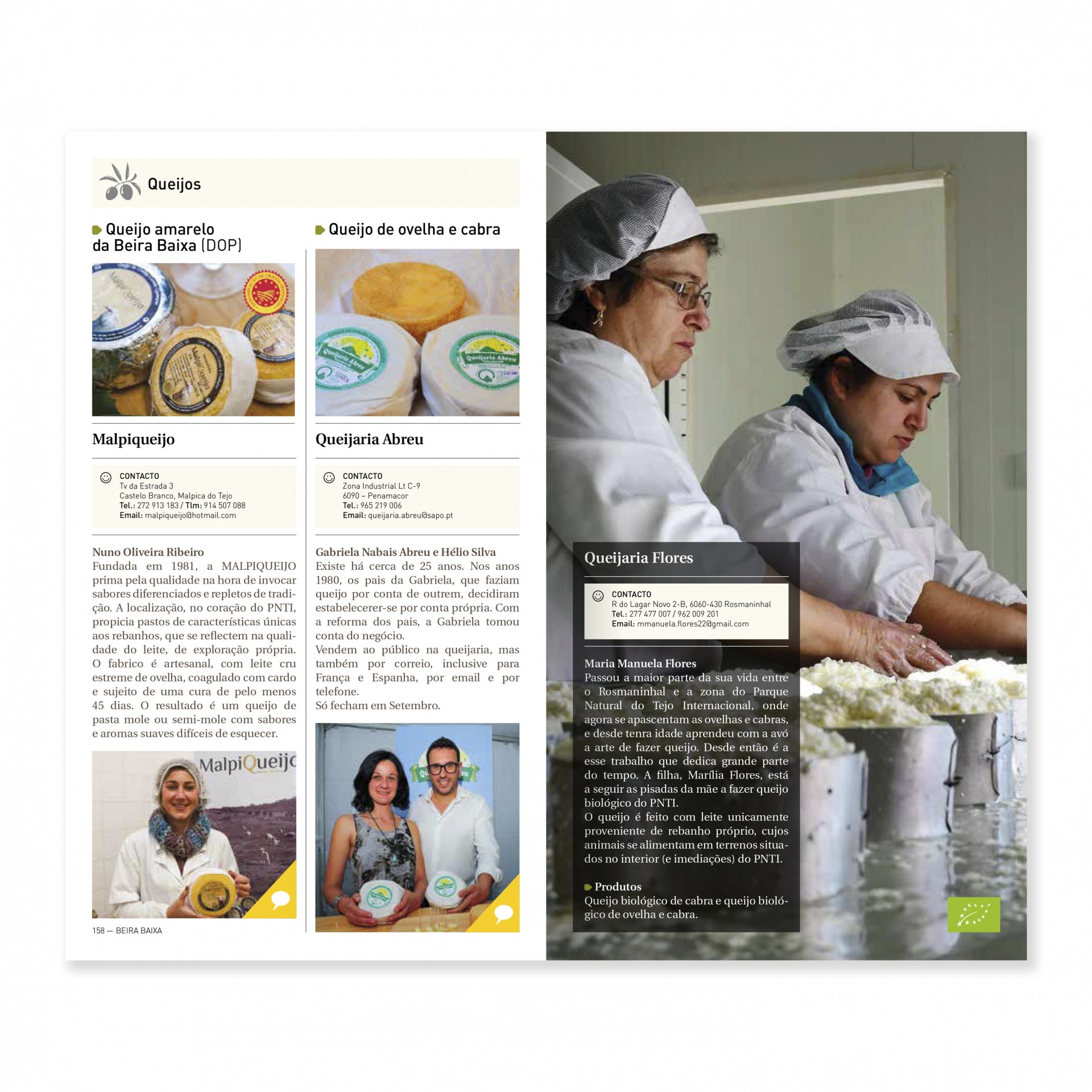 Beira Baixa - Terras de excelência Página dupla de revista com queijos portugueses, produtores e descrições