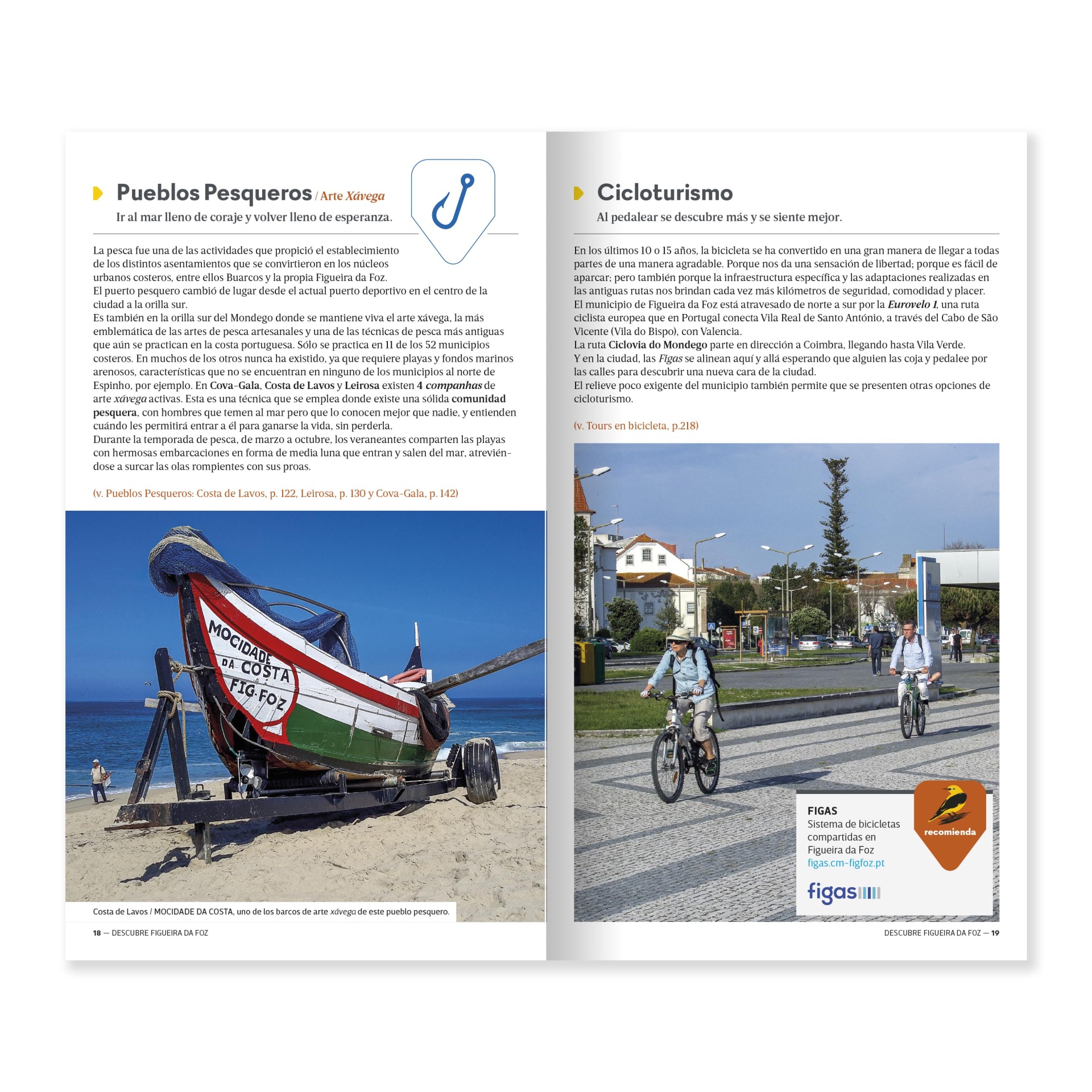 Figueira da Foz - La Reina de las Playas de Portugal Documento impresso com texto em espanhol e imagens de um barco de pesca na praia e pessoas a andar de bicicleta na cidade
