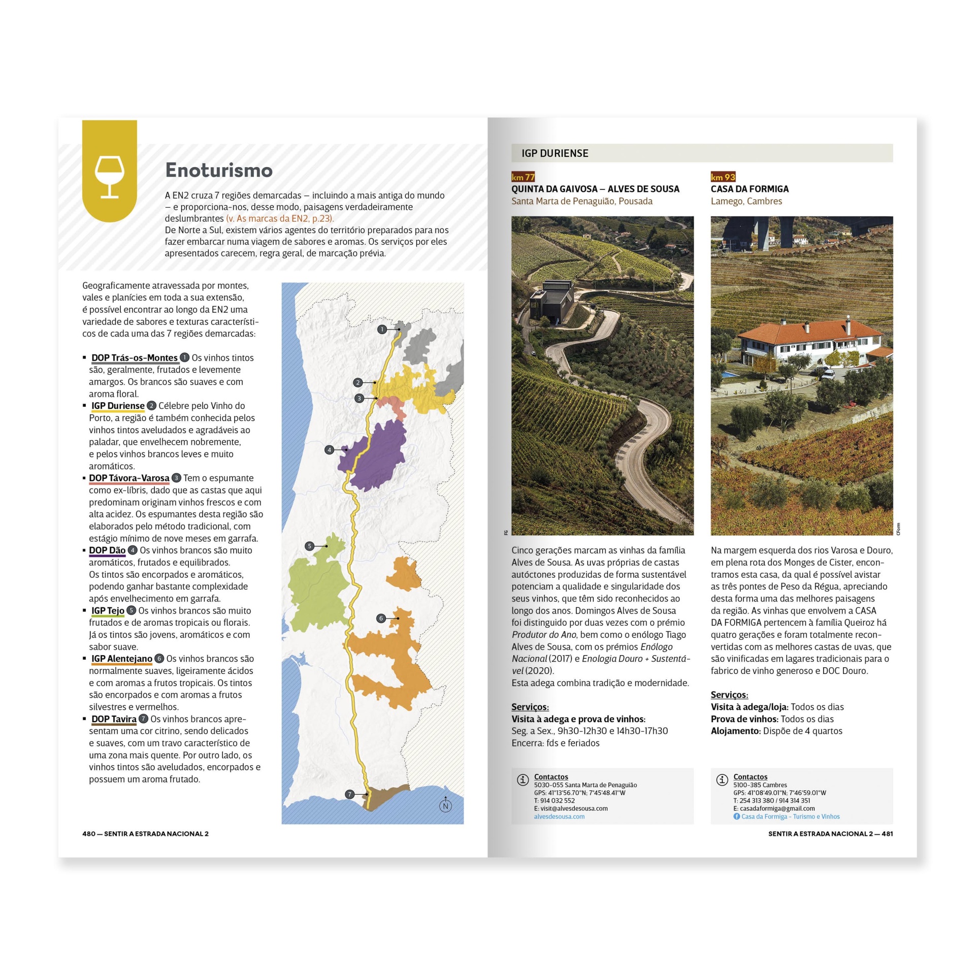 Portugal de Norte a Sul pela mítica Estrada Nacional 2 - 6ª edição Páginas de revista sobre Enoturismo com mapa e fotos aéreas de quintas e vinhas