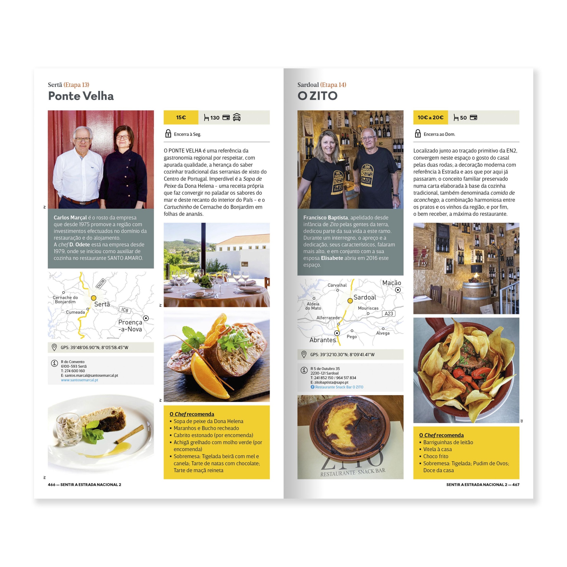 Portugal de Norte a Sul pela mítica Estrada Nacional 2 - 6ª edição Folheto informativo de dois restaurantes portugueses com fotos de pessoas, pratos e mapas locais.