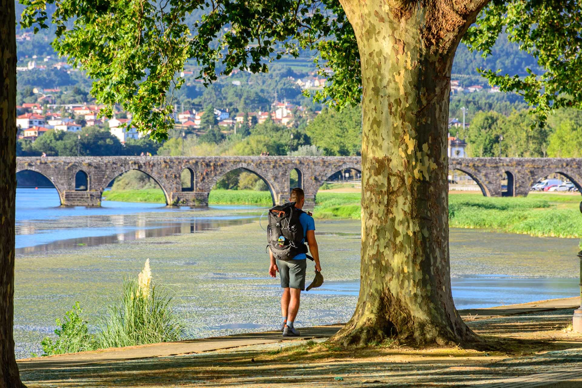 Pessoa com mochila junto a árvore perto de rio com ponte de pedra