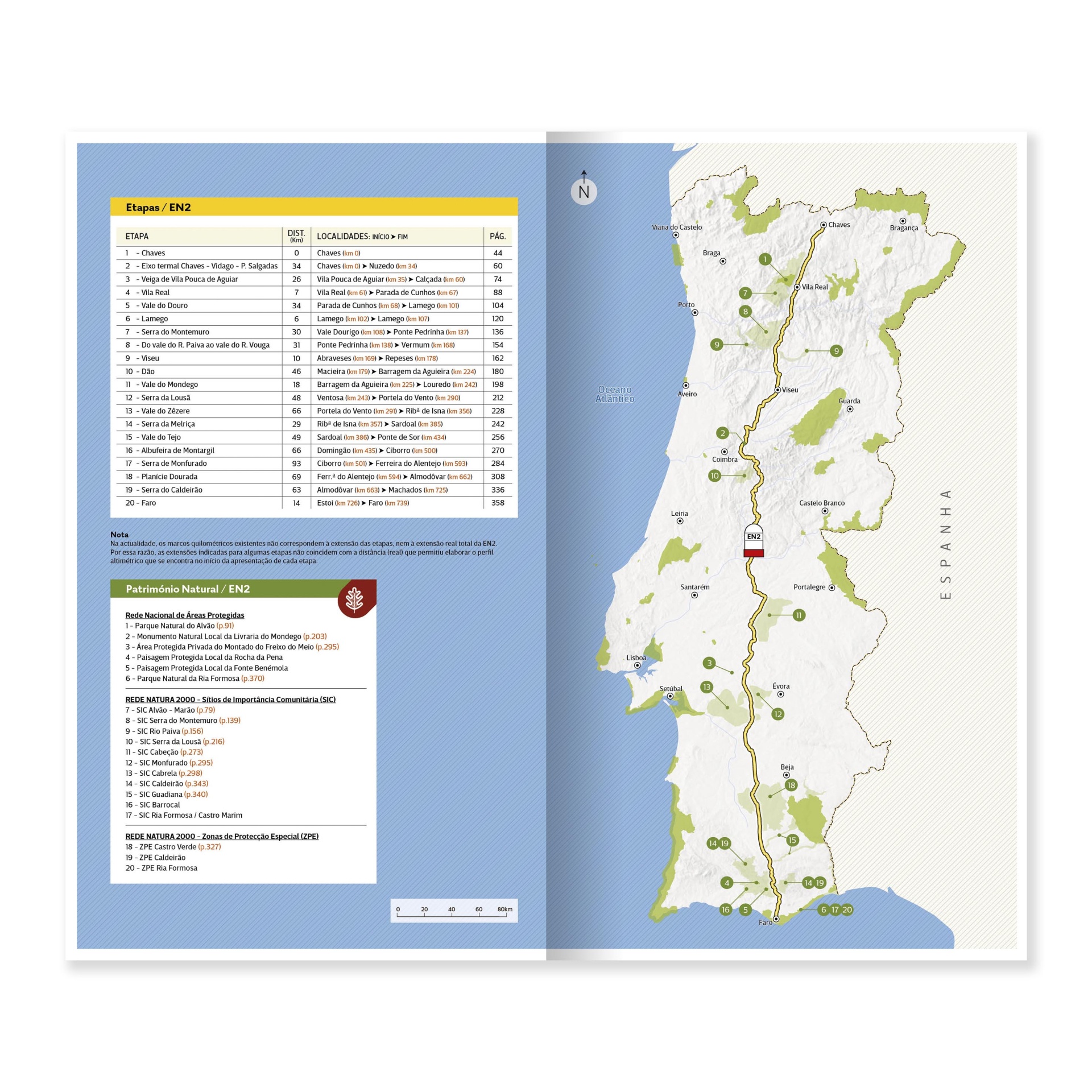 Portugal de Norte a Sul pela mítica Estrada Nacional 2 - 6ª edição Mapa detalhado da EN2 em Portugal com etapas, localidades e áreas protegidas.