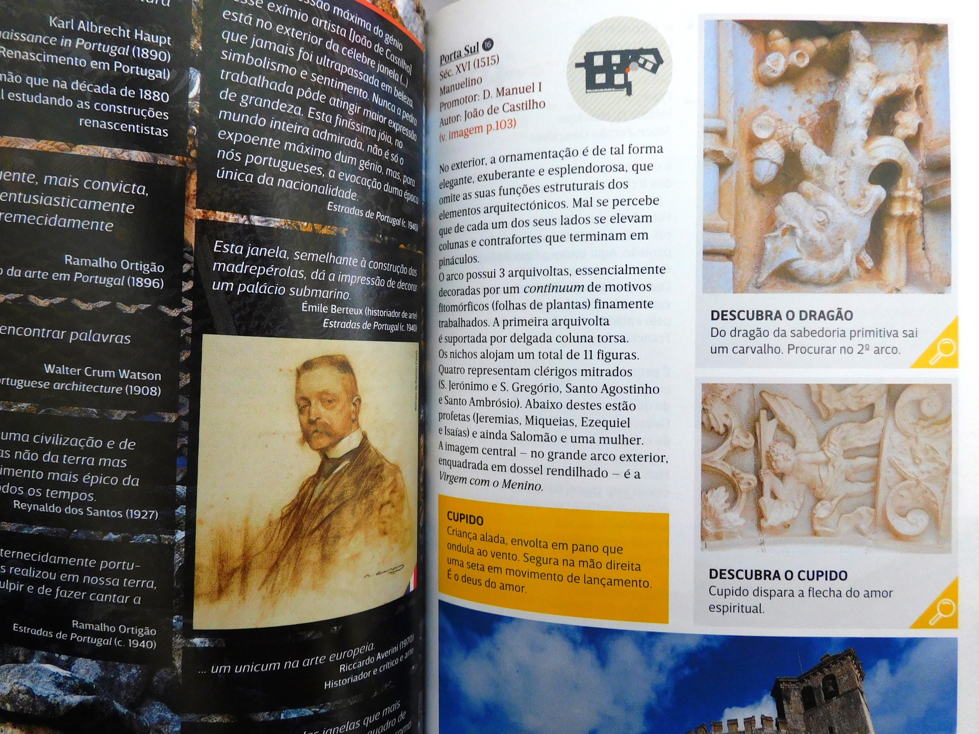 Página de revista com texto em português e imagens de retrato antigo e escultura clara
