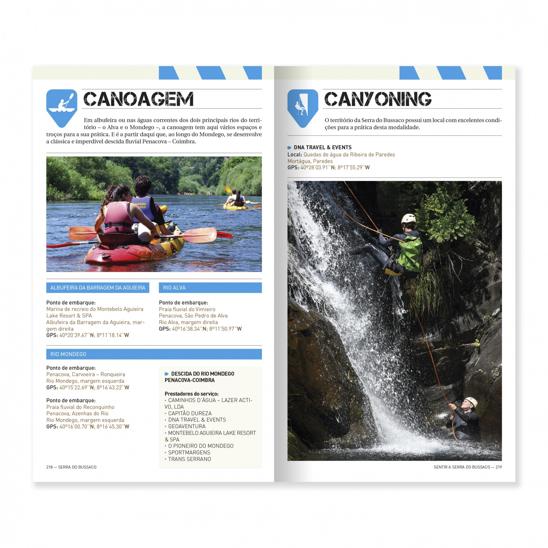 Serra do Bussaco - Mealhada, Mortágua e Penacova Páginas de folheto informativo com fotos e texto sobre canoagem e canyoning