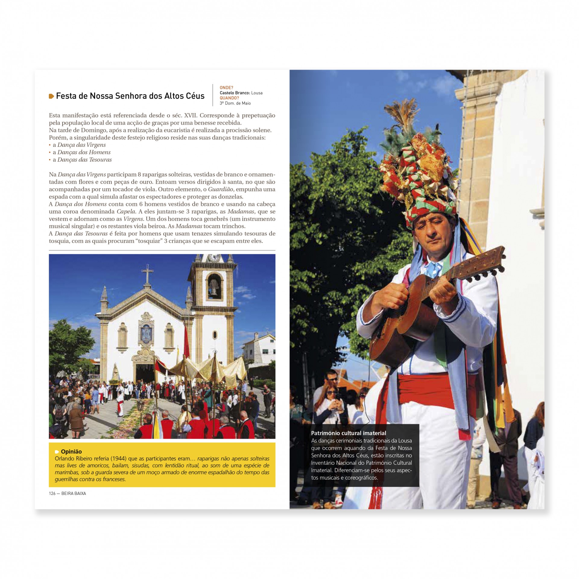 Beira Baixa - Terras de excelência Festa de Nossa Senhora dos Altos Côvos com igreja e procissão e homem em traje tradicional tocando guitarra ao ar livre