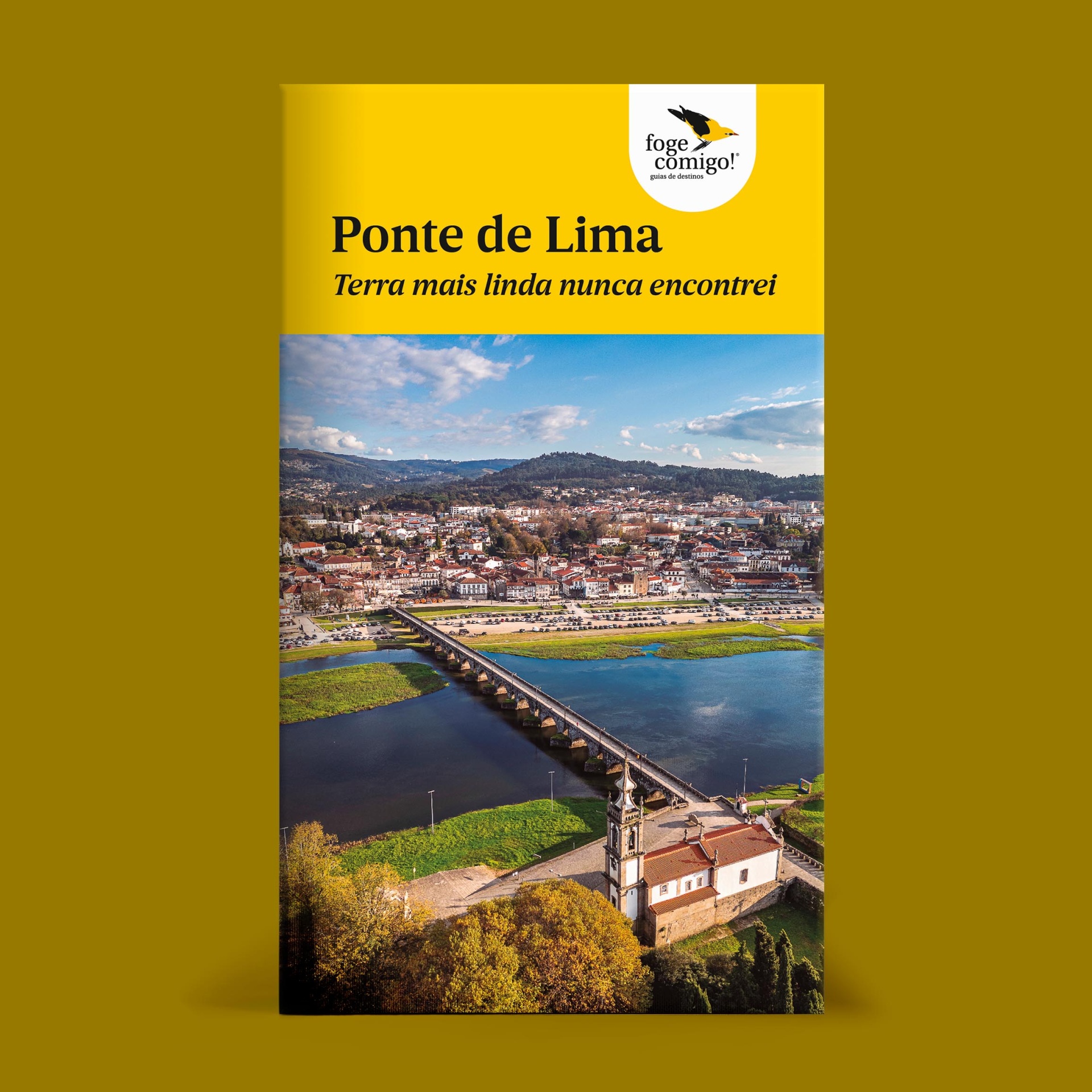 Cartaz amarelo com título Ponte de Lima, frase promocional e foto aérea de ponte e cidade