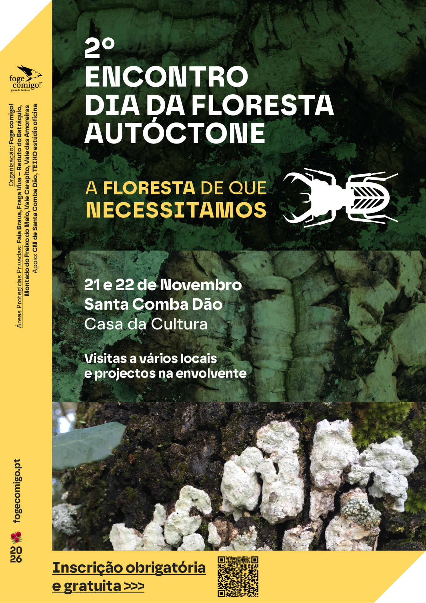 Cartaz anúncio 2º Encontro Dia da Floresta Autóctone com fundo de casca de árvore e líquenes