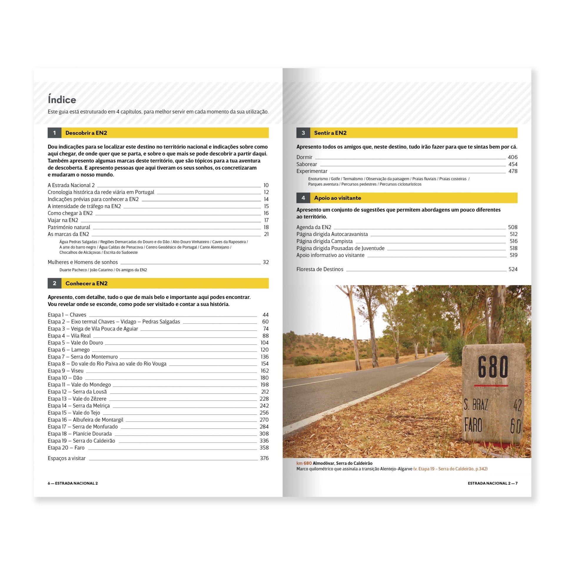 Portugal de Norte a Sul pela mítica Estrada Nacional 2 - 6ª edição Livro aberto sobre a Estrada Nacional 2 com índice e foto de marco quilométrico 680 em estrada rural