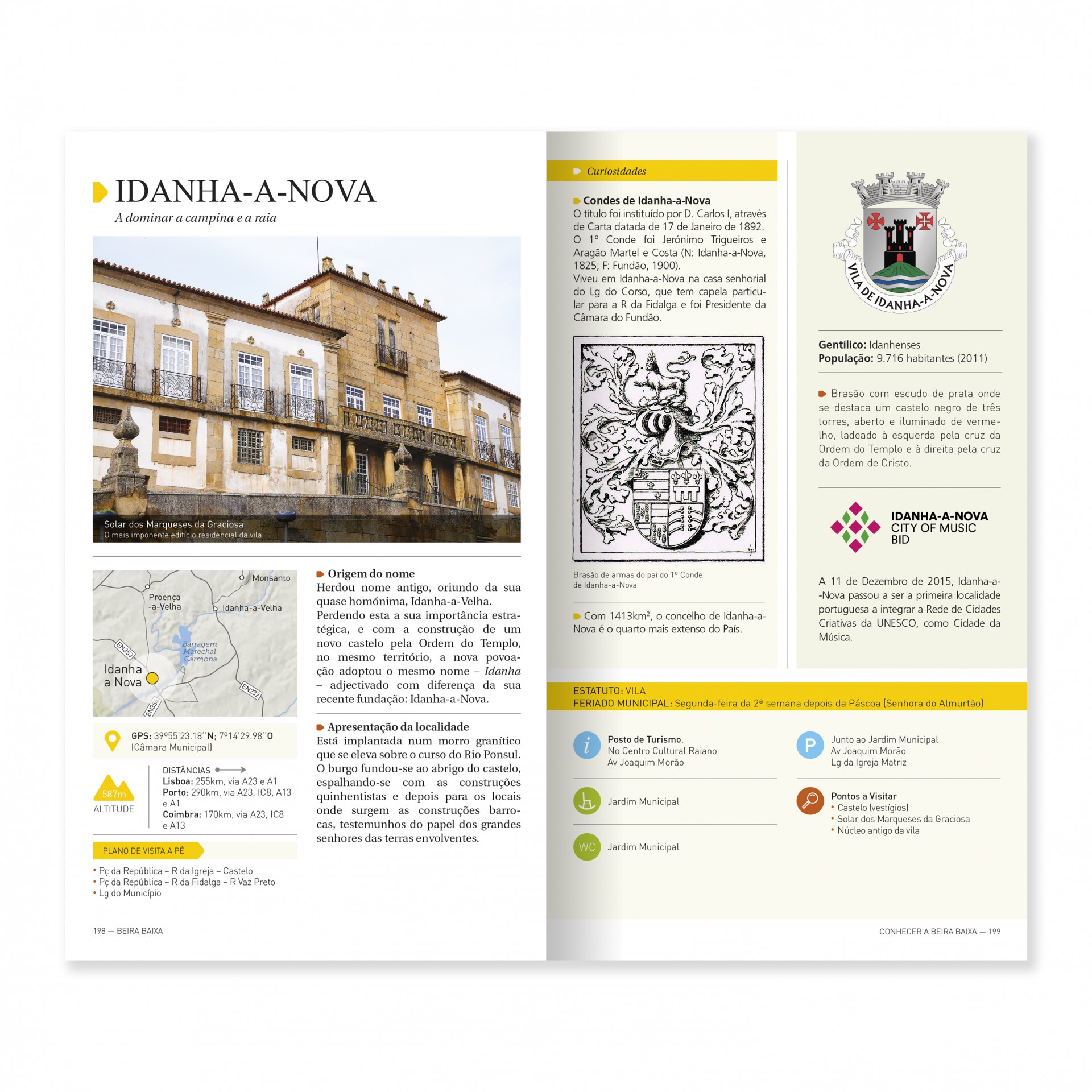 Beira Baixa - Terras de excelência Página dupla com fotografia de edifício antigo amarelo e brasões em contexto informativo sobre Idanha-a-Nova