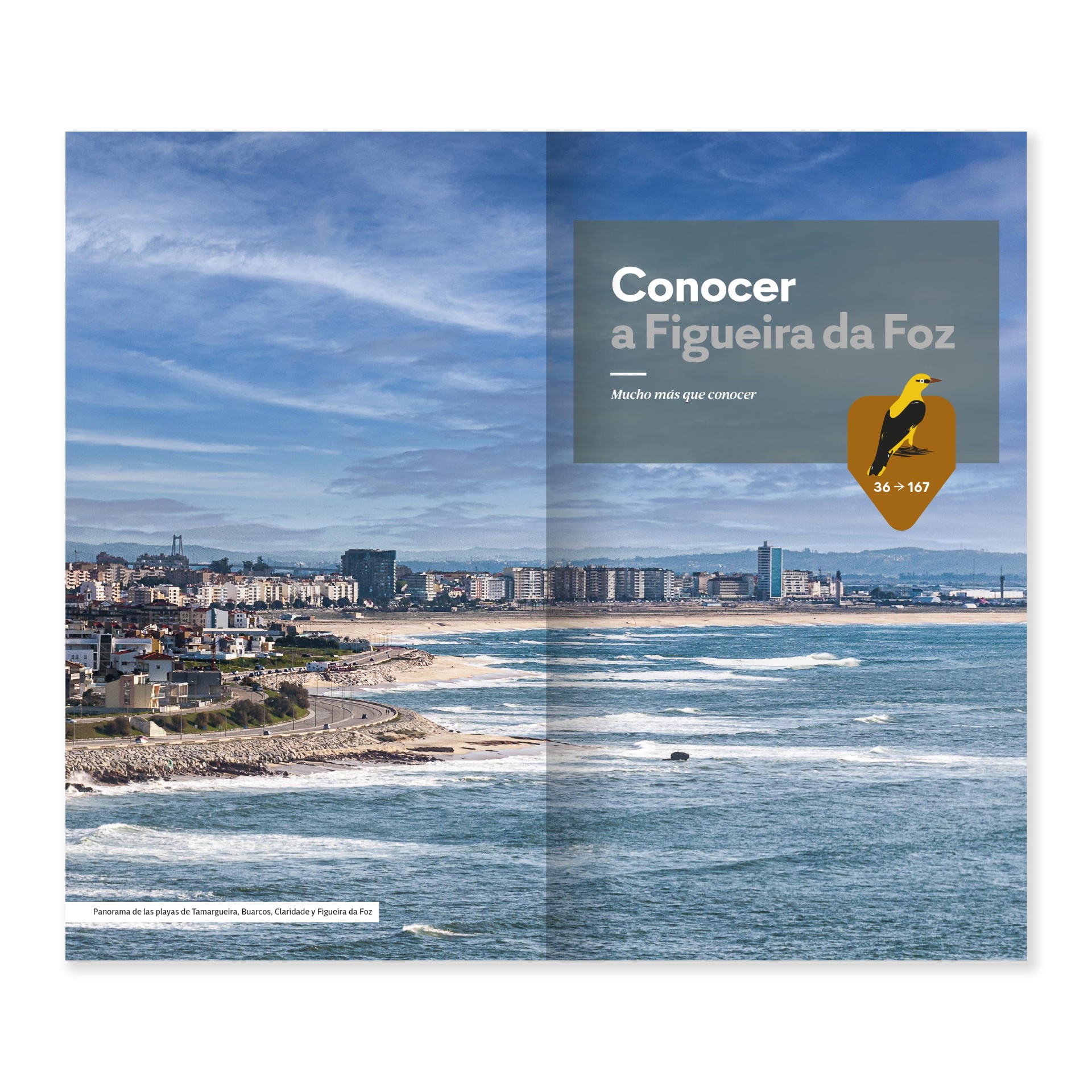 Figueira da Foz - La Reina de las Playas de Portugal Revista aberta com fotografia panorâmica da costa da Figueira da Foz e texto promocional.