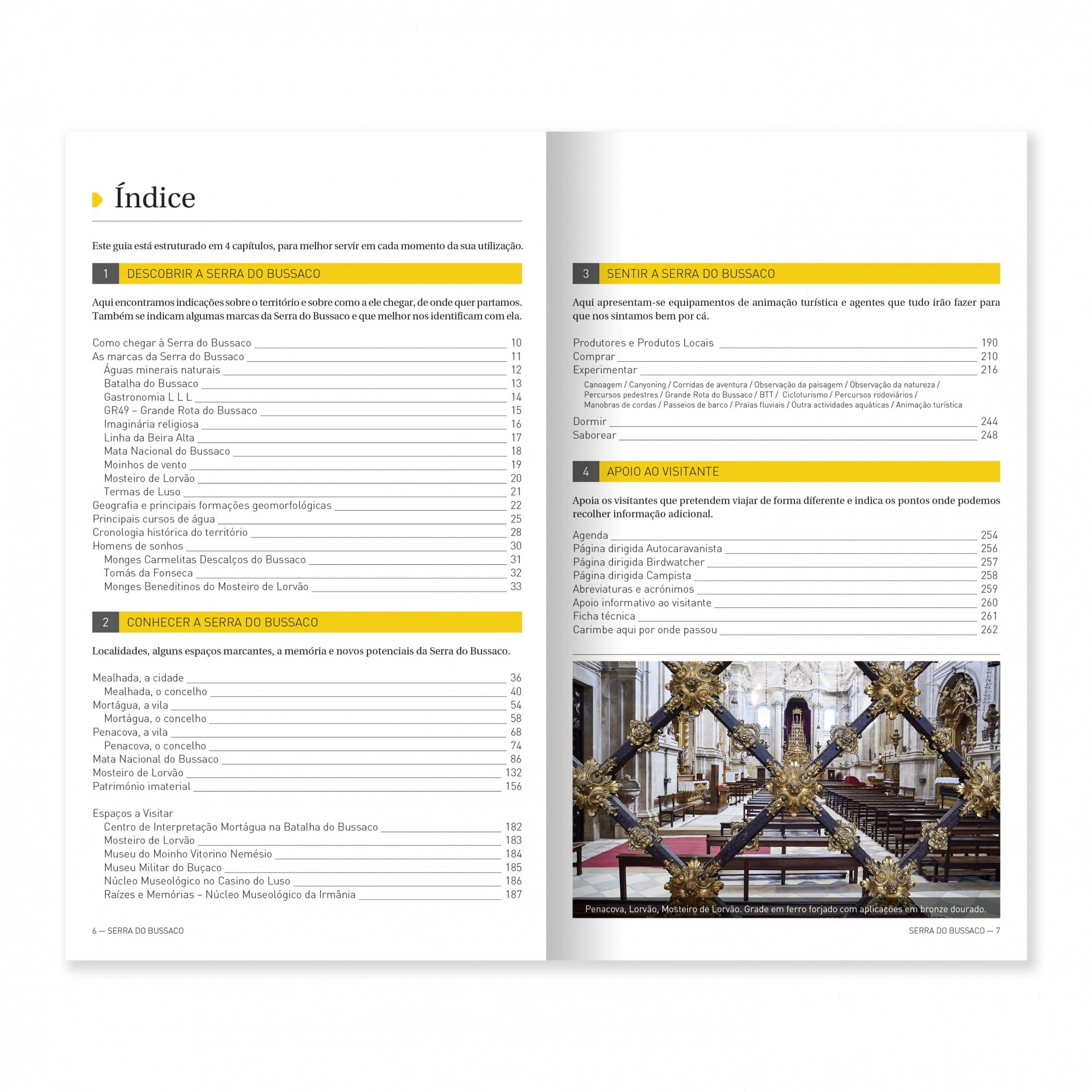 Serra do Bussaco - Mealhada, Mortágua e Penacova Página de índice de livro com texto em português e fotografia de interior barroco dourado