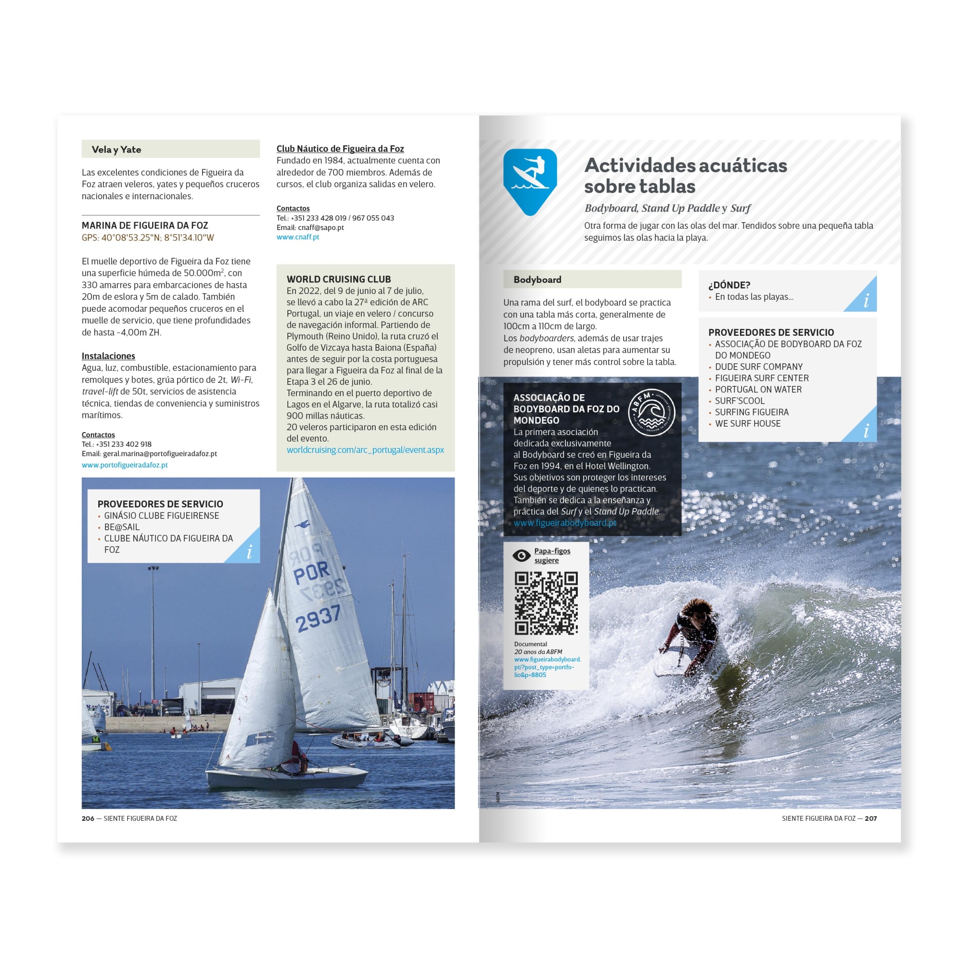 Figueira da Foz - La Reina de las Playas de Portugal Página dupla de catálogo com foto de vela de barco e texto informativo sobre actividades aquáticas e marinas