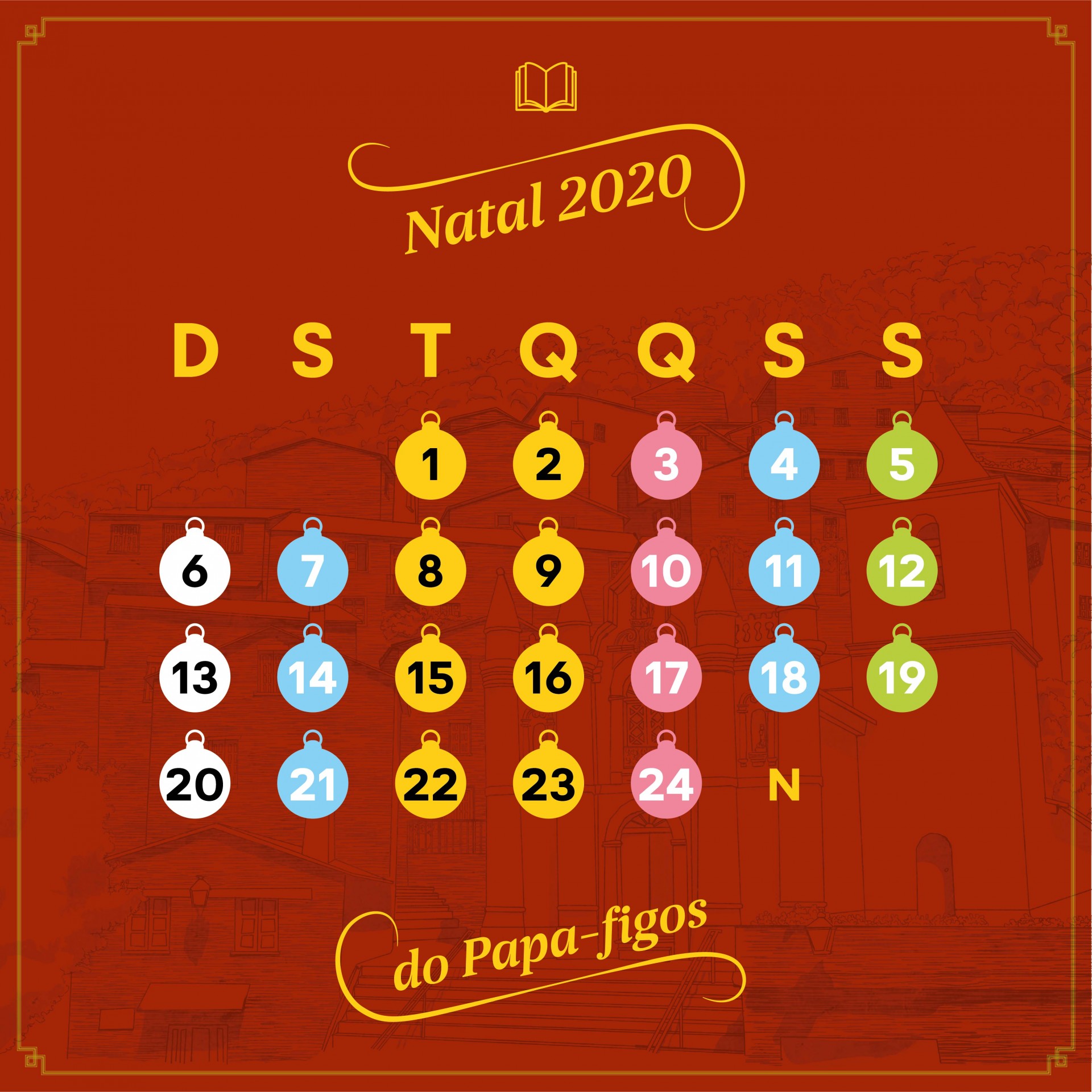 Calendário de advento Natal 2020 com bolas coloridas e texto do Papa-figos