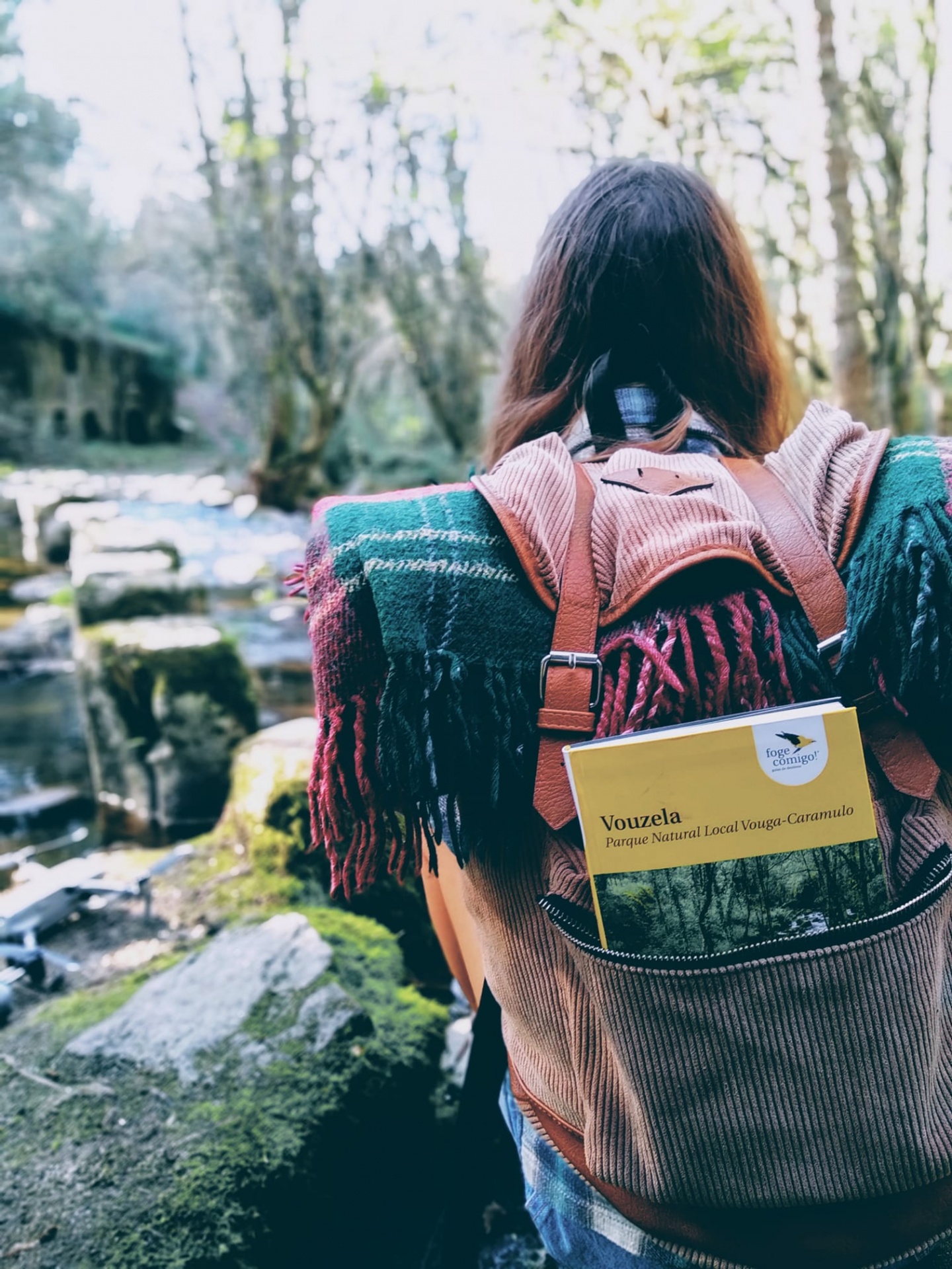 Mochila castanha com cobertor xadrez e etiqueta de parque natural numa paisagem com ribeiro