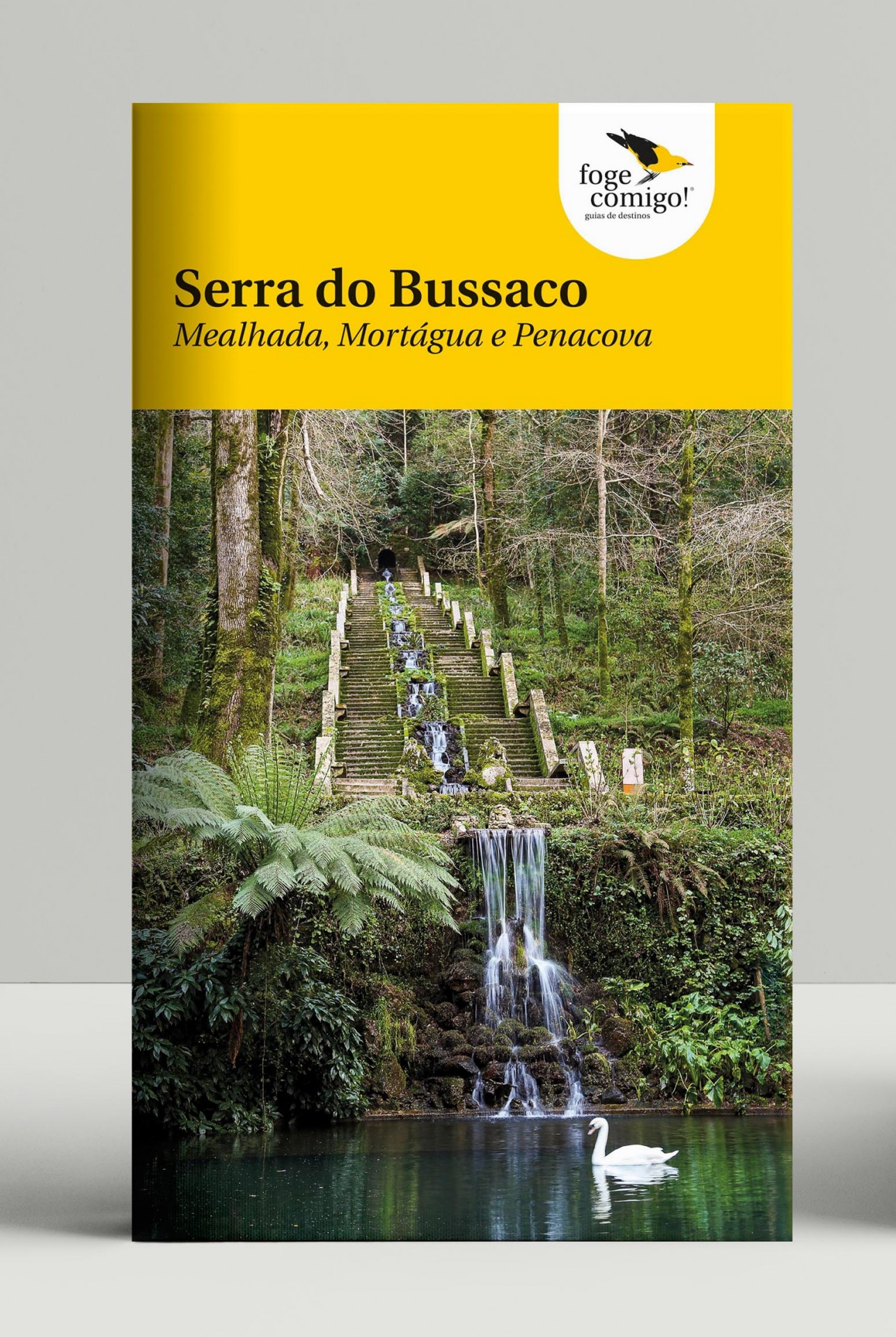 Livro com capa amarela e imagem de cascata com escadaria, cisne na água, texto Serra do Bussaco