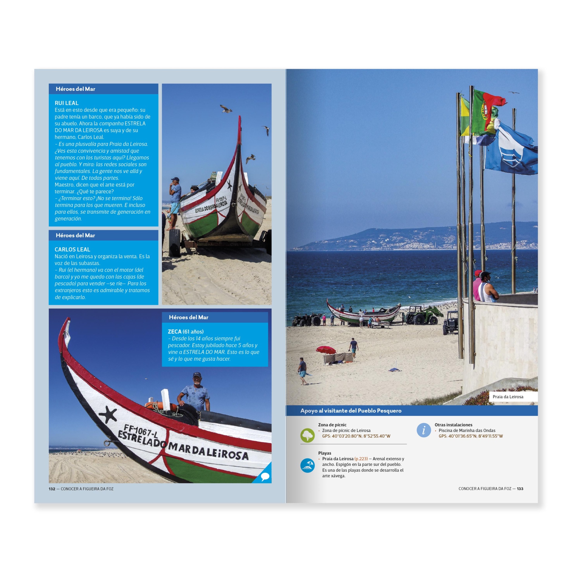 Figueira da Foz - La Reina de las Playas de Portugal Página de revista com fotos de barcos tradicionais coloridos na praia e bandeiras junto ao mar