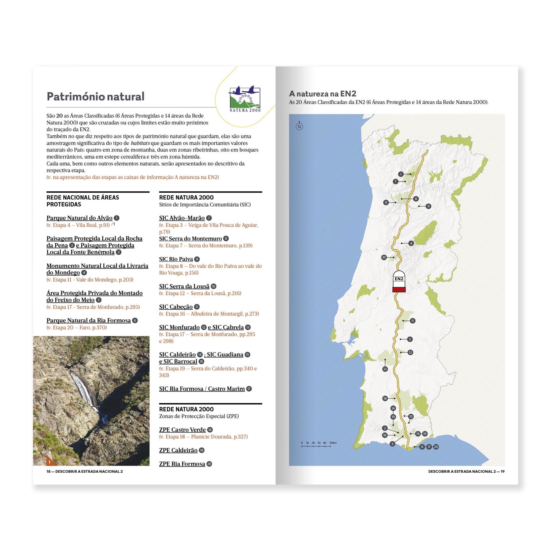 Portugal de Norte a Sul pela mítica Estrada Nacional 2 - 6ª edição Duas páginas de livro com texto sobre património natural e mapa de Portugal com áreas protegidas destacadas