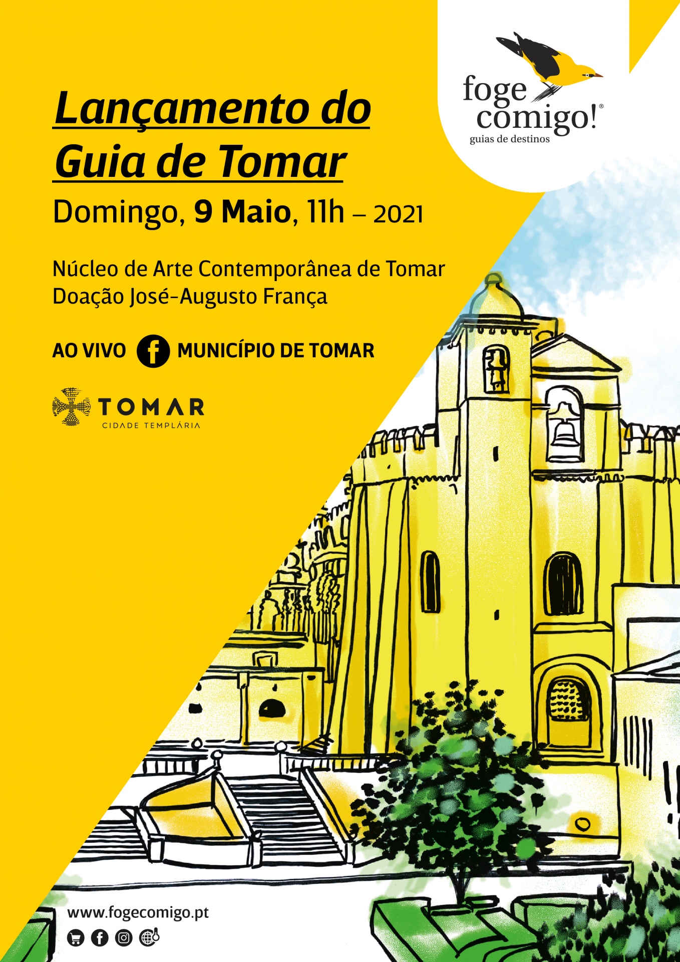 Folheto amarelo com ilustração de edifício e texto de lançamento do Guia de Tomar em 9 de Maio de 2021