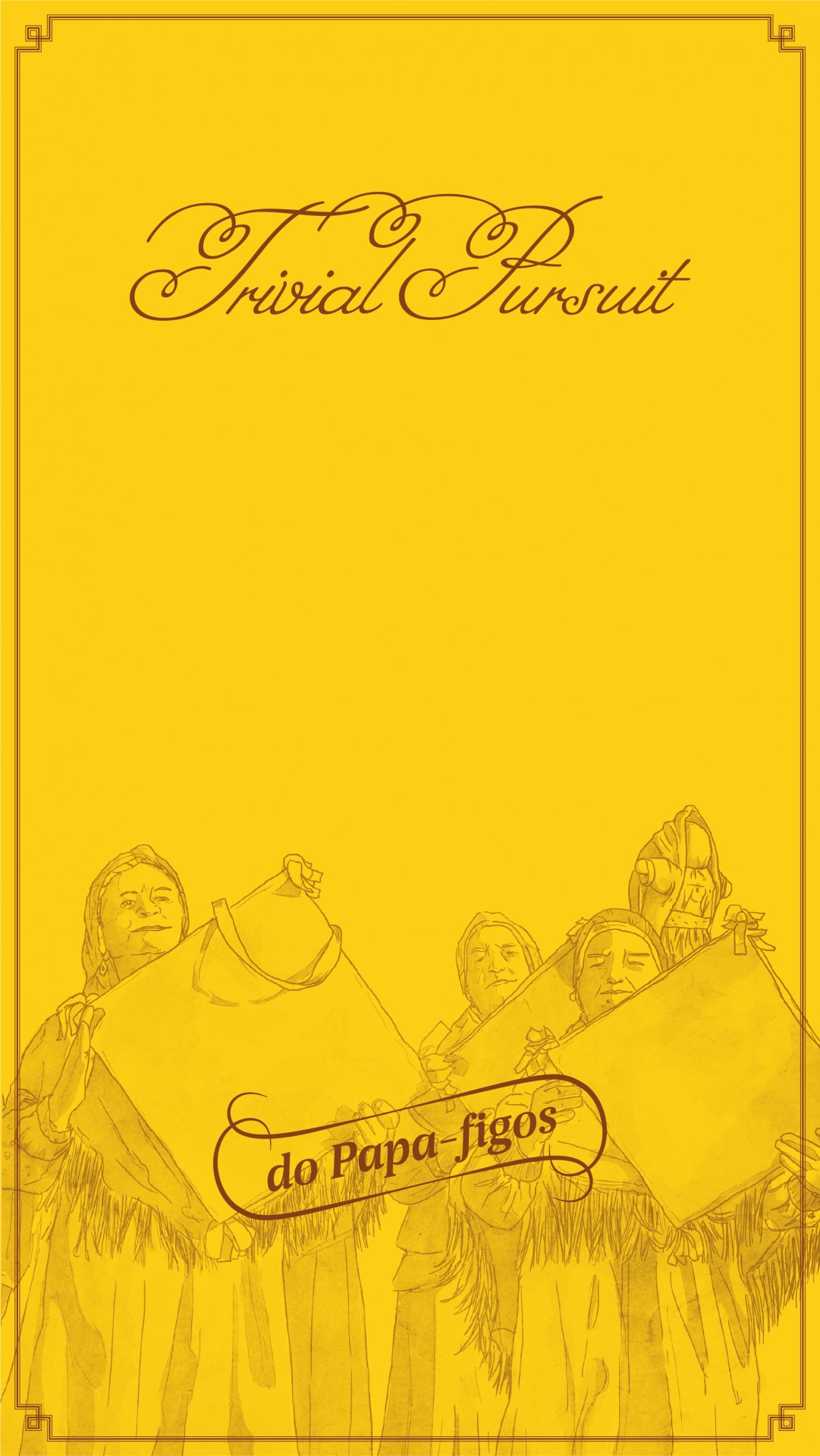 Capa de jogo Trivial Pursuit do Papa-figos com ilustrações de figuras humanas em amarelo
