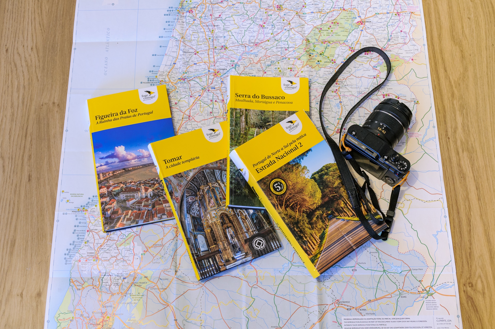Guias turísticos coloridos e uma câmara fotográfica sobre um mapa de estradas.