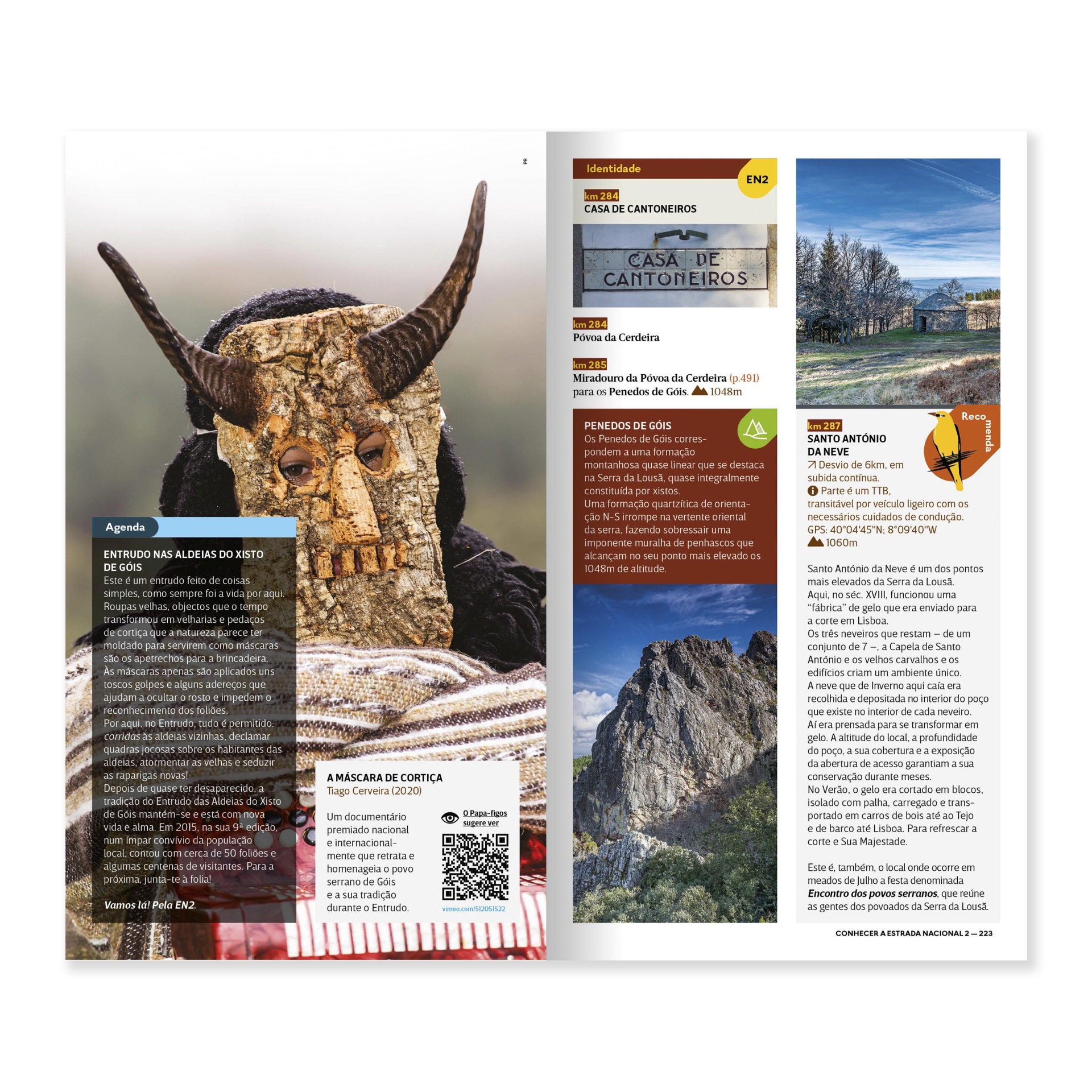 Portugal de Norte a Sul pela mítica Estrada Nacional 2 - 6ª edição Revista aberta com máscara tradicional de cortiça com chifres e texto em português