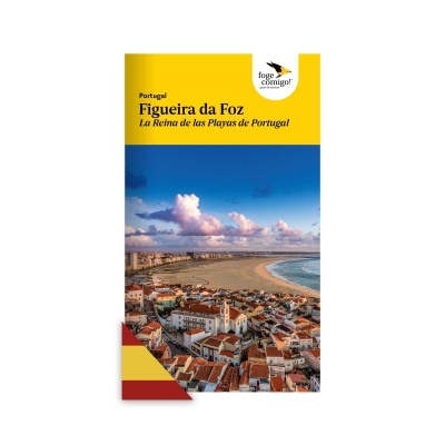 Mapa turístico de Figueira da Foz com imagem da praia e casas com telhados vermelhos