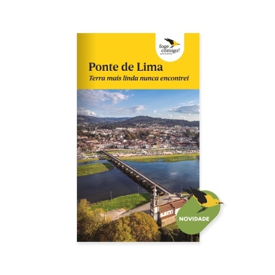 Cartão postal com imagem aérea de Ponte de Lima e texto promocional