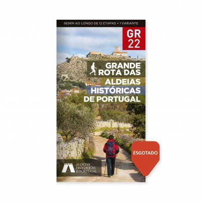 Folheto da Grande Rota das Aldeias Históricas de Portugal com caminhante e selo esgotado