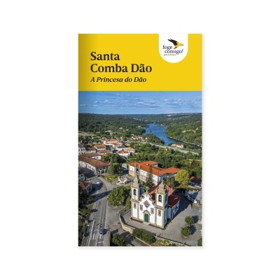 Brochura turística de Santa Comba Dão com fotografia aérea e texto em amarelo
