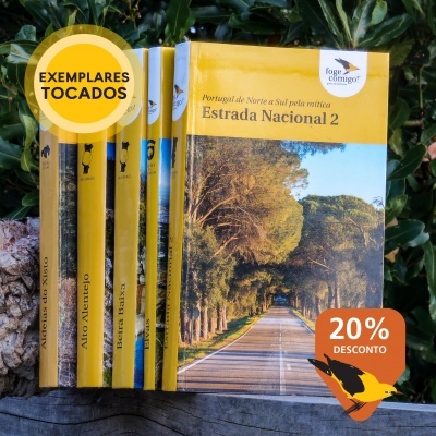 Cinco livros com lombadas amarelas e selos de desconto e exemplares tocados