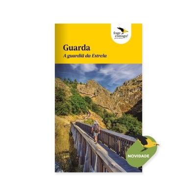 Capa de livro amarelo com pessoa num ambiente montanhoso e texto Guarda A guardia da Estrela