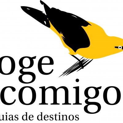 Logótipo com pássaro amarelo e preto e texto 'foge comigo! guias de destinos'