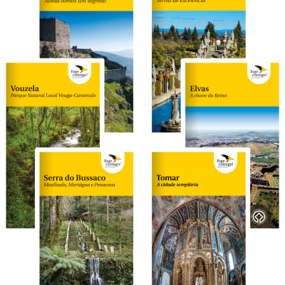 Conjunto de seis cartões turísticos com imagens de natureza e monumentos históricos de várias regiões portuguesas.