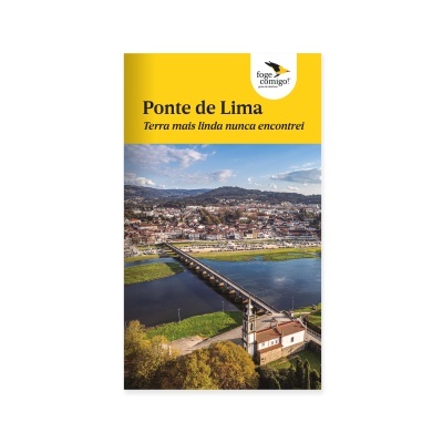 Livro com capa amarela e foto da ponte de Ponte de Lima sobre um rio