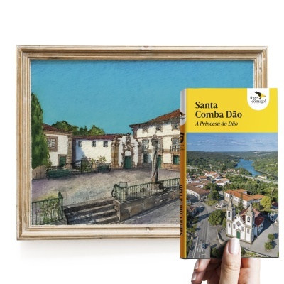 Quadro com pintura de edifício e guia de viagem de Santa Comba Dão