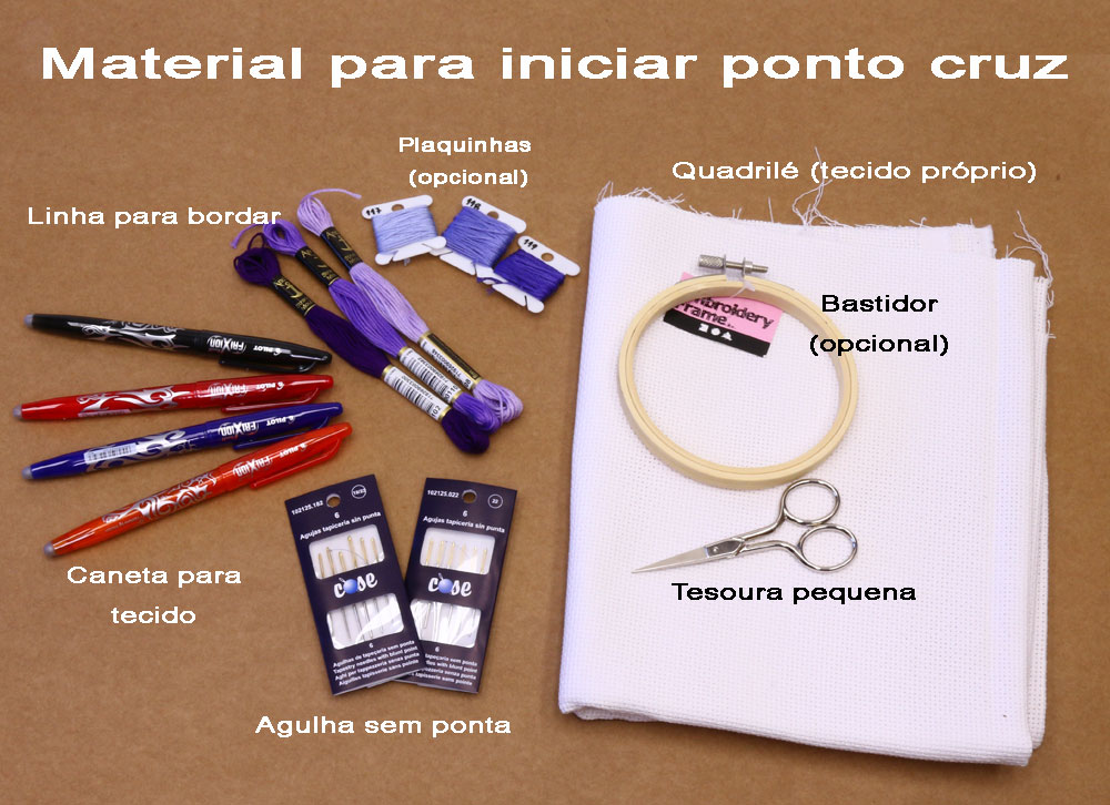 Bordar ponto cruz - o início Materiais para ponto cruz incluindo linhas roxas, canetas coloridas, agulhas, tecido branco, bastidor de madeira e tesoura pequena.