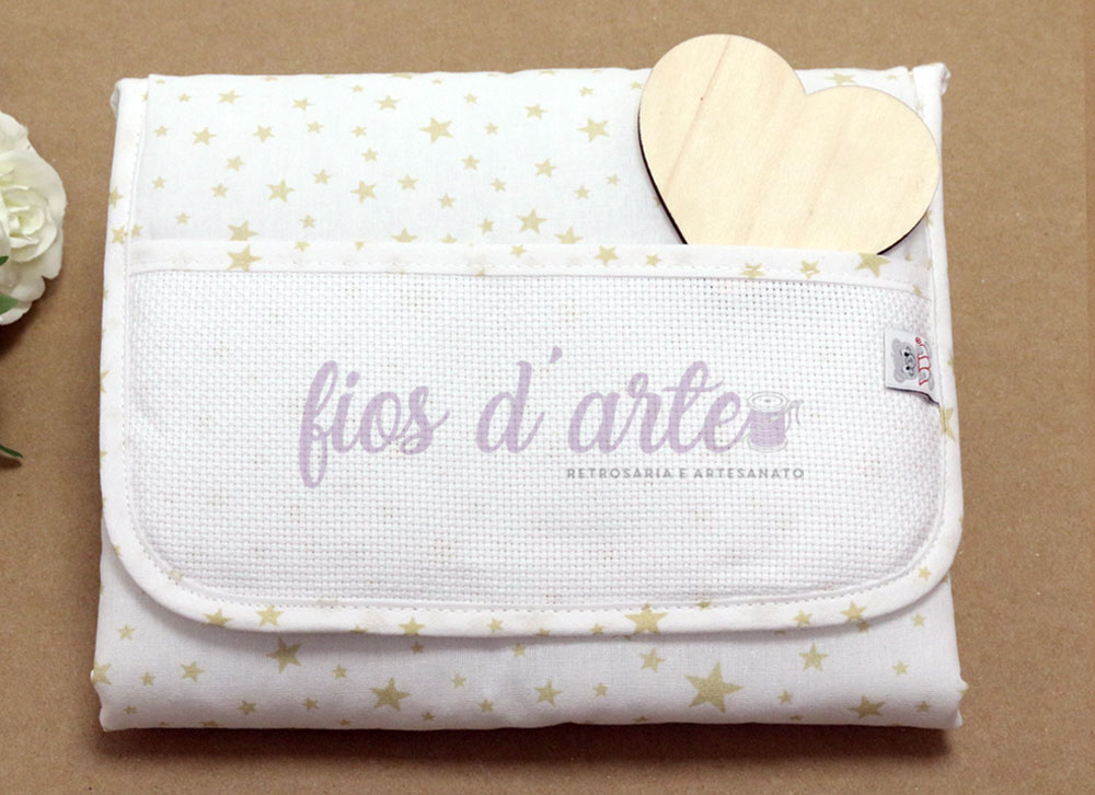 Muda-Fraldas Estrelas para bordar ponto cruz Bolsa de tecido branco com estrelas douradas, bolso para bordado, etiqueta com urso e coração de madeira