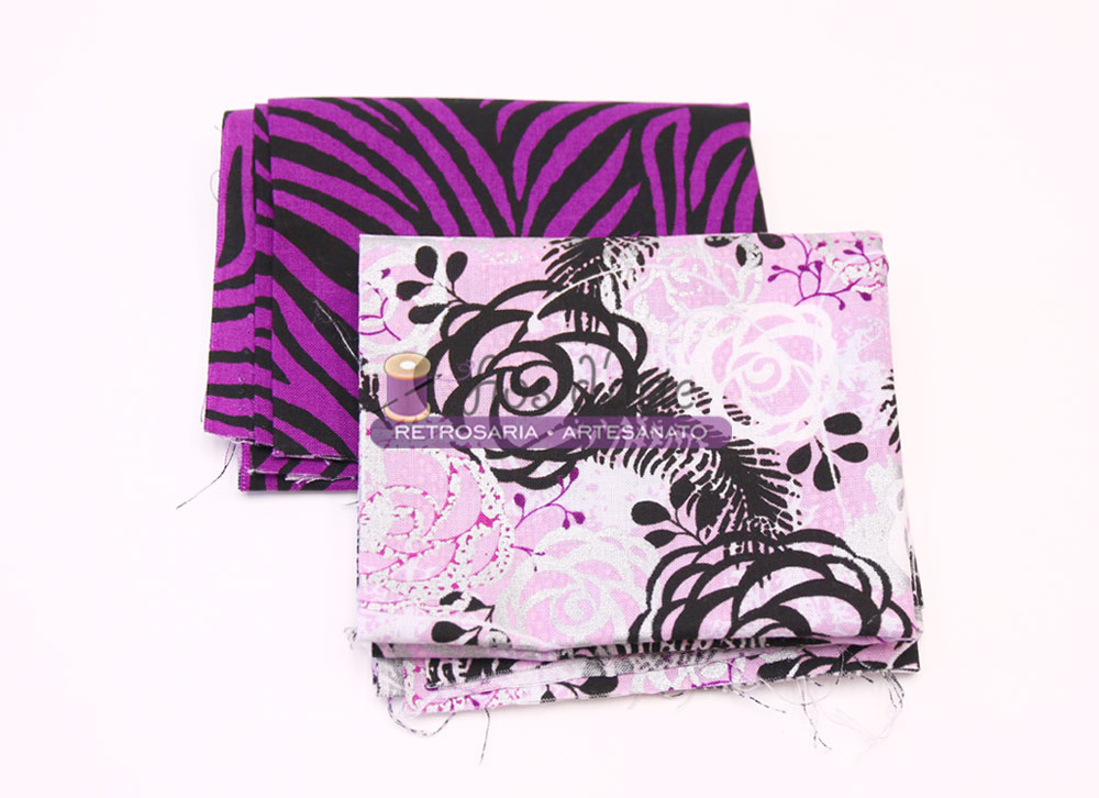 Conjunto de 2 tecidos #3 (Black Purple) - 45x55cms Tecidos dobrados com padrões zebrado roxo e floral abstrato em rosa e preto