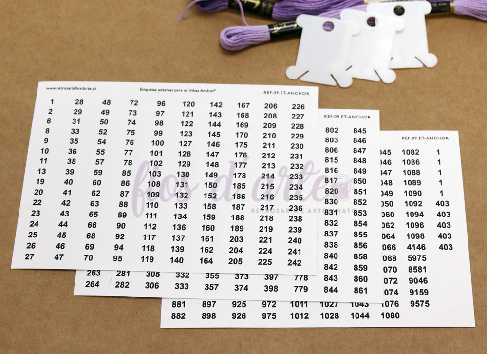 Etiquetas de nº de cor para os fios Anchor Cartela com números para bordado e fios de bordar roxos