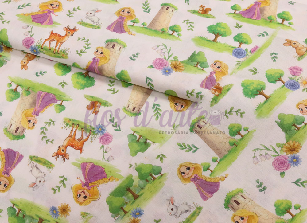 Tecido Rapunzel (Entrelaçados) Tecido infantil com personagens e natureza em fundo branco.