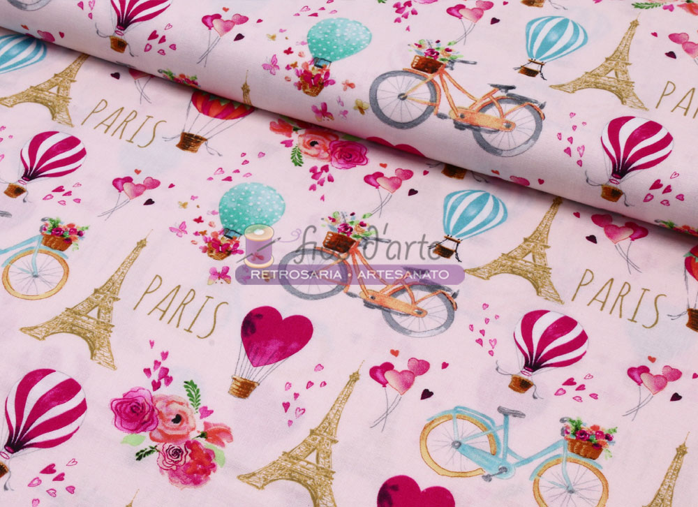 Tecido Love is in the air Torre Eiffel (Blank Quilting) - balões Tecido estampado com desenhos da Torre Eiffel, balões, bicicletas e flores em fundo branco