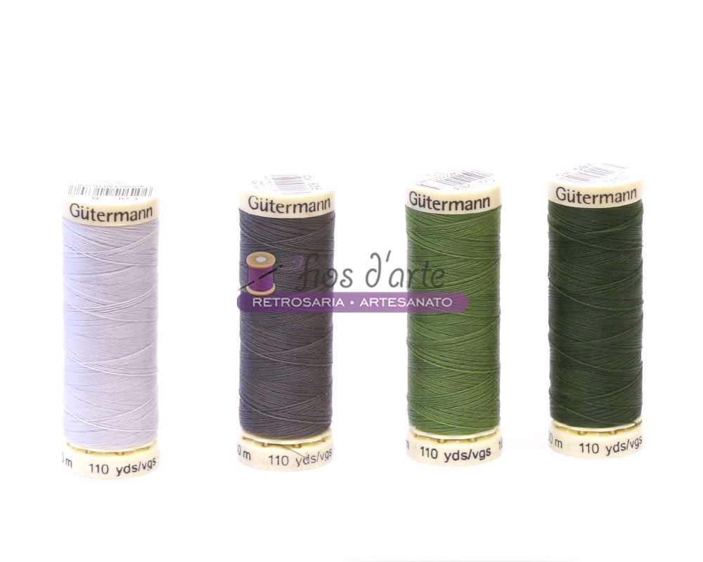 Linha costura Cosetudo 100mt (Gütermann) - cinzentos e verdes Quatro rolos de linha de cores diferentes da marca Gütermann