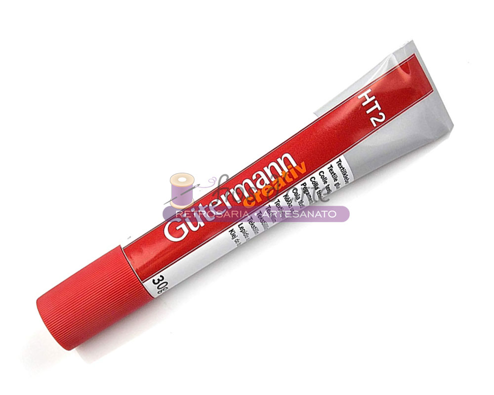 Cola Têxtil HT2 (Gütermann) - 30grs Tubo de tinta vermelha com texto Branco Gutermann HT2