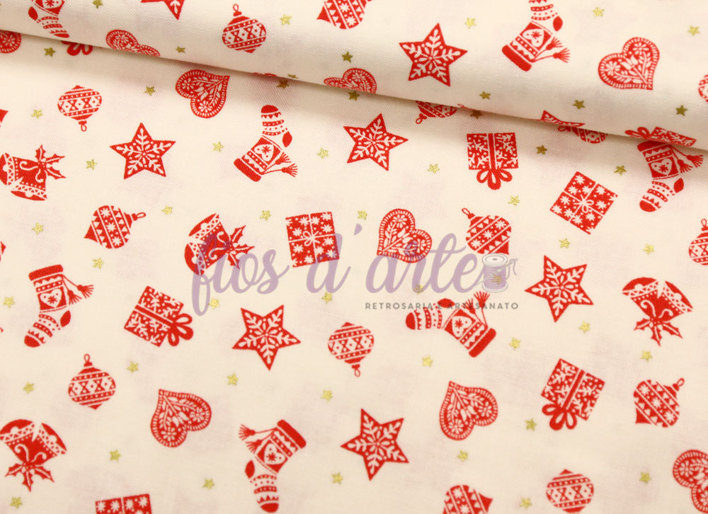 Tecido branco com padrão natalício vermelho e dourado
