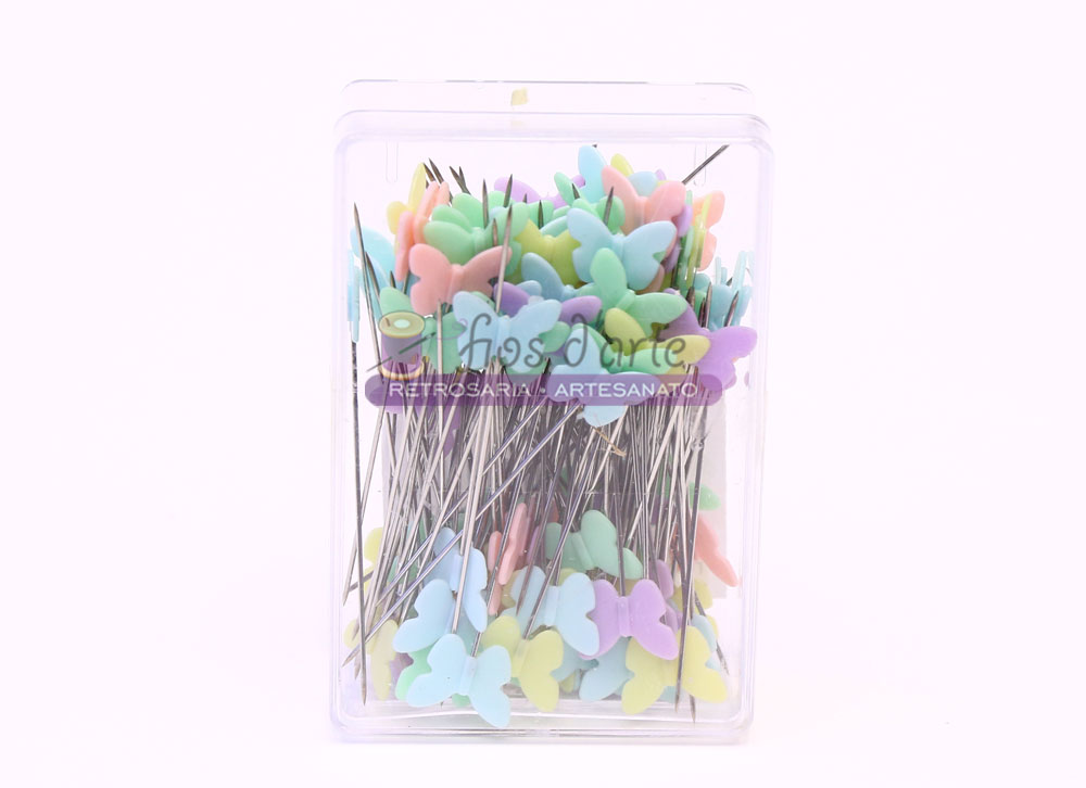 Caixa de alfinetes com cabeças coloridas em forma de borboleta