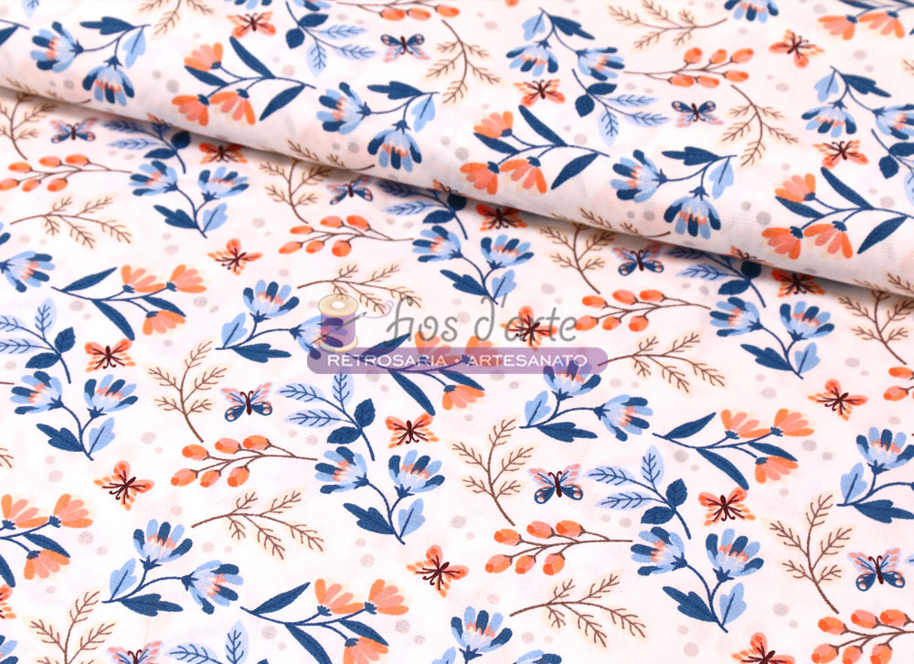 Tecido Modern Flowers (Fabricart) - fundo creme tecido branco com padrão floral colorido e etiqueta artesanal