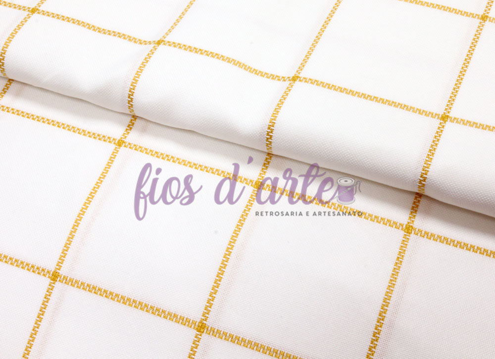 Tecido Quadrilé/Aida com quadrados para bordar ponto cruz - amarelo tecido branco com padrão de grade amarelo e texto impresso